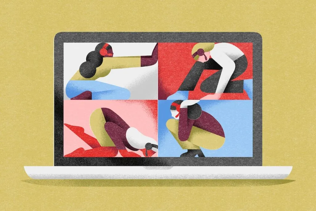 Vier kaders met personen die in verschillende houdingen aan het videobellen zijn.